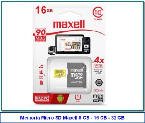 Memoria Micro SD Maxell 16GB Clase 10 La tarjeta de memoria Micro SD de 16 GB Class 10 de MAXELL es ideal para los teléfonos móviles, tabletas y otros dispositivos compatibles con microSD. Ofrece rápidas velocidades de lectura y es compatible con Ready Boost de Windows.